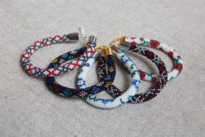 Bead crochet bracelets with geometry and floral patterns