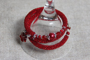 Red bead crochet bracelet on a memory wire