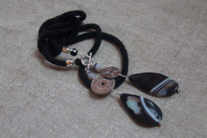 Norway saga - black lariat necklace with black agate beads and real Norway coins
