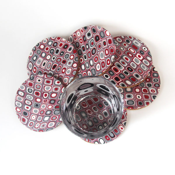 Set of Coasters in Red, White, Silver, and Black