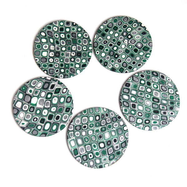 Set of Coasters in Green, White, Silver, and Black
